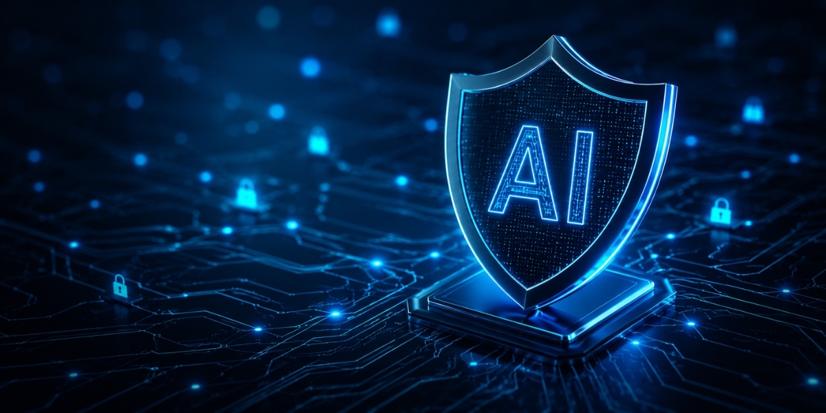 A glowing AI shield over a digital network representing AI security, governance, risk management, and enterprise cybersecurity.