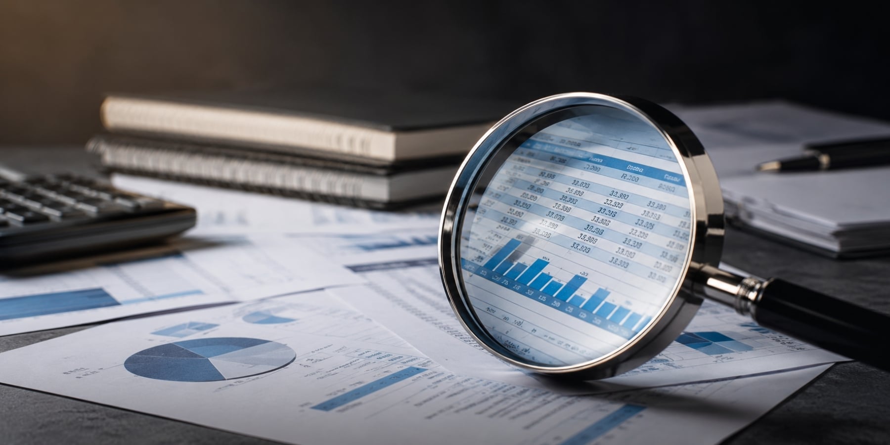A magnifying glass focusing on financial charts, business reports, and spreadsheets, symbolizing IT spend analysis, uncovering hidden technology costs, and software license optimization.