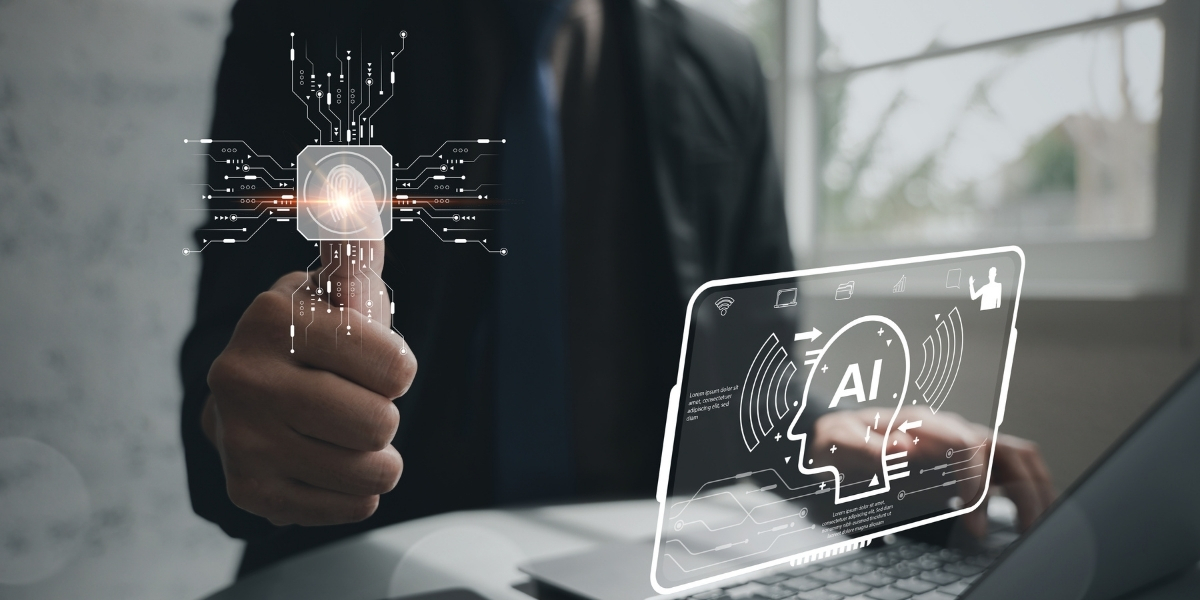 Business professional using a laptop with an AI interface displayed on screen