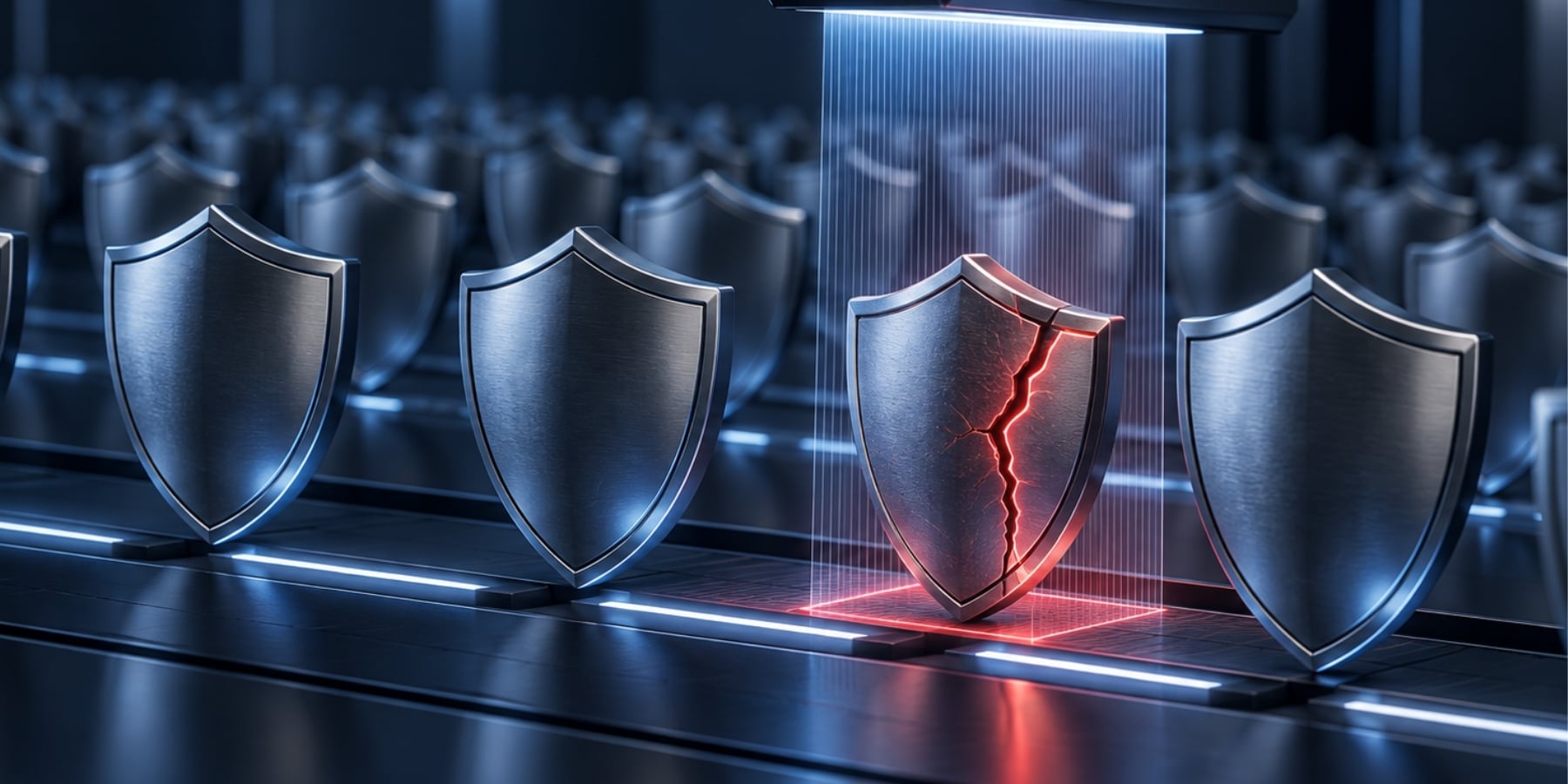 Digital scanner identifying a cracked shield among rows of intact cybersecurity shields.