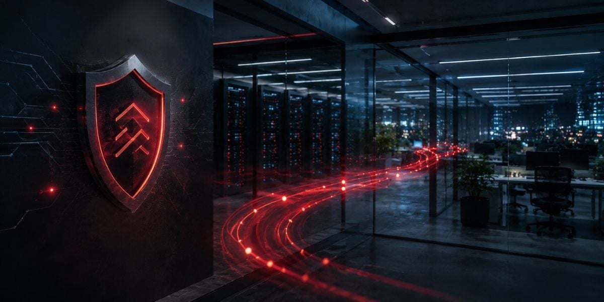 Modern cybersecurity environment featuring a security shield, enterprise office space, and data center infrastructure representing penetration testing and operational security validation.
